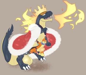 abdominal_bulge balls bdsm belly_riding big_balls big_penis bodily_fluids bondage bound cape clothing crown duo extreme_size_difference feral genitals harness headgear male male/male musk penetration penis prolonged_penetration royalty simple_background size_difference smaller_penetrated sweat notsafecat nintendo pokemon soggy_(soggybuizel) buizel fossil_pokemon generation_4_pokemon generation_6_pokemon pokemon_(species) tyrantrum absurd_res hi_res