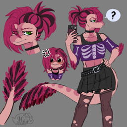 alternative_fashion angry annoyed anthro belt biped black_bottomwear black_bra black_clothing black_skirt black_underwear bottomwear bra cellphone choker clothed clothed_anthro clothed_female clothing crop_top cross-popping_vein elbow_feathers electronics feathered_tail feathers female fingers frown goth green_eyes grey_background hair hand_on_hip head_turned holding_cellphone holding_object holding_phone holding_smartphone humanoid_hands jewelry leggings legwear logo long_tail looking_aside looking_at_viewer markings multicolored_body multicolored_feathers multicolored_hair necklace neutral_expression phone pink_body pose purple_clothing purple_crop_top purple_shirt purple_topwear question_mark red_body red_feathers red_hair shirt simple_background skirt smartphone solo speech_bubble spots spotted_markings standing studded_belt studs tail taking_picture text topwear torn_clothing torn_leggings torn_legwear two_tone_body two_tone_feathers two_tone_hair underwear may_kiramel devlog:_a_post-modern_college_experience rebecca_(devlog) dinosaur dromaeosaurid microraptor prehistoric_species reptile saurischian scalie theropod 1:1 2025 absurd_res artist_logo artist_name colored hi_res multiple_images