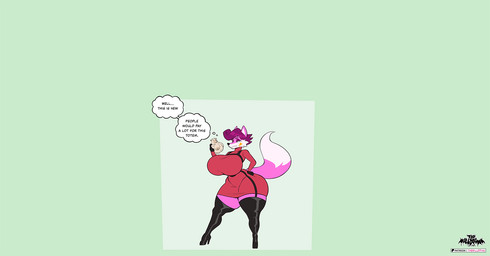 anthro big_breasts bodily_fluids breasts dialogue female fur genitals huge_breasts hyper hyper_breasts hyper_genitalia lactating milk morbidly_obese obese overweight pink_body pink_fur solo speech_bubble teats transformation udders weight_gain thewilldpink bovid bovine canid canine cattle fox mammal hi_res slideshow watermark