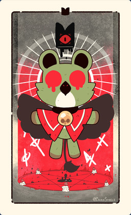 ambiguous_gender beak blood bodily_fluids card chibi clothing floating fur green_body green_fur hat headgear headwear looking_at_viewer solo summoning_circle tarot tarot_card cairosteele cult_of_the_lamb massive_monster_(studio) mythology red_crown_(cult_of_the_lamb) avian gryphon mythological_avian mythological_creature hi_res