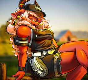 666 anthro belt blurred_background bottomwear clothed clothed_anthro clothed_female clothing crossed_legs ear_piercing ear_tag facial_piercing female female_anthro fingers hat headgear headwear horn nose_piercing nose_ring piercing red_body ring_piercing shorts snout solo thick_thighs wide_nose wide_snout kaizooki epic_games fortnite desdemona_(fortnite) desdemoona bovid bovine cattle mammal digital_media_(artwork) hi_res portrait three-quarter_portrait
