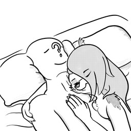 anthro arm_tuft bed breast_squish breasts duo ear_piercing eyes_closed female fur furniture grey_body grey_fur hair hand_on_chest holding_partner hug long_hair lying male male/female nude piercing shoulder_tuft sleeping smile smiling_at_another smiling_at_partner squish tuft white_body white_fur half_dime hellaverse helluva_boss mythology anon loona_(helluva_boss) canid canid_demon canine canis demon hellhound human mammal mythological_canine mythological_creature wolf 1:1 hi_res monochrome