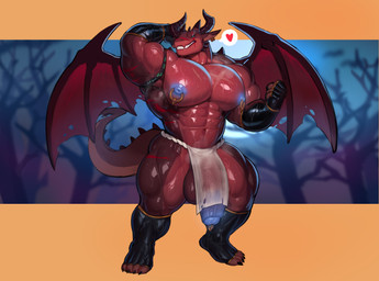 abs anthro armwear balls biceps big_muscles big_pecs black_armwear black_clothing black_legwear blue_glans blue_nipples blue_penis bodily_fluids bottomwear calf_muscles claws clothing detailed_background ear_piercing flaccid genital_piercing genitals glans glowing glowing_eyes horn legwear loincloth male membrane_(anatomy) membranous_wings muscular muscular_anthro muscular_arms muscular_legs muscular_male muscular_thighs nipple_piercing nipple_ring nipples pecs penis penis_piercing piercing prince_albert_piercing quads red_body ring_piercing scar solo spikes spikes_(anatomy) sweat sweaty_body tail trapezius vein veiny_muscles veiny_penis white_bottomwear white_clothing white_loincloth wings cydonia_xia mythology nyrex demon dragon mythological_creature mythological_scalie scalie absurd_res hi_res