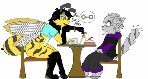ambiguous_gender anthro audible_swallowing beetricia black_body black_fur bottomless chair clothed clothing duo feet food food_fetish fur furniture gesture grey_body grey_fur hair half-closed_eyes honey_(food) jewelry love midriff narrowed_eyes nervous pantsless shocked side_view sitting speech_bubble suggestive suggestive_food suggestive_gesture surprised table tail tense text wings yellow_body yellow_fur kio_kasteyoto alma_the_snow_fox arctic_fox arthropod bee canid canine fox hymenopteran insect mammal true_fox english_text hi_res