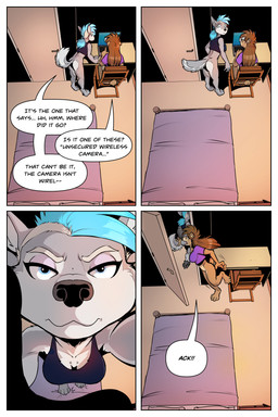 4_toes anthro bed blue_eyes blue_hair bottomless breasts brown_body brown_fur brown_hair butt chair cleavage clothed clothing computer dialogue duo electronics feet female fur furniture grey_body grey_fur hair inside laptop leaning leaning_forward looking_at_viewer mohawk ponytail sitting speech_bubble standing tail text toes wrist_grab rick_griffin eliza_jones hildegard_rothschild bear canid canine canis mammal wolf 2:3 comic english_text hi_res