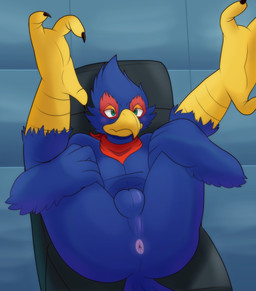 anus ass_up balls beak big_butt blue_body butt chair furniture genitals green_eyes kerchief kerchief_only male mostly_nude neckerchief neckerchief_only neckwear perineum presenting presenting_anus presenting_balls solo spreading limunada nintendo star_fox falco_lombardi avian bird galliform phasianid pheasant absurd_res hi_res meme