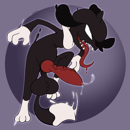 animal_genitalia animal_penis balls big_balls big_penis black_body bodily_fluids canine_genitalia canine_penis dripping erection genital_fluids genitals knot knotted_penis long_tongue male open_mouth penis precum precum_drip saggy_balls saliva saliva_drip sharp_teeth solo teeth tongue tongue_out vein veiny_penis white_eyes softestpuffss nintendo pokemon fan_character puff_(softestpuffss) generation_2_pokemon pokemon_(species) smeargle symbiote 1:1 hi_res