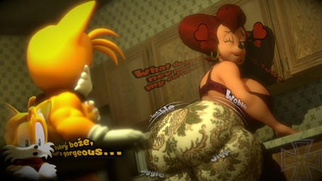 anthro big_breasts big_butt bottomwear breasts brown_body butt clothing duo female gloves handwear heart_symbol male pants text tight_bottomwear tight_clothing tight_pants topwear yellow_body idiotboxangel disney goof_troop sega sonic_the_hedgehog_(series) miles_prower peg_pete canid canine fox mammal 16:9 3d_(artwork) 4k absurd_res digital_media_(artwork) english_text hi_res widescreen
