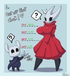 anthro biped black_body black_eyes blue_background blush breasts clothing duo exclamation_point female holding_object holding_scissors hollow_eyes male question_mark scissors shadow simple_background speech_bubble text white_body azura_inalis hollow_knight team_cherry hornet_(hollow_knight) the_knight_(hollow_knight) vessel_(species) absurd_res hi_res