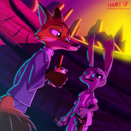 anthro belt beverage cigarette clothed clothing container cup detailed_background dipstick_ears dipstick_tail disposable_cup drinking_straw duo ear_markings female fur green_eyes gun hand_on_hip handgun holding_container holding_cup holding_object holster jacket male markings multicolored_ears multicolored_tail open_clothing open_jacket open_topwear outside purple_eyes ranged_weapon smoke standing sunset synthwave tail tail_markings text toony topwear weapon fanartiguess disney zootopia judy_hopps nick_wilde canid canine fox lagomorph leporid mammal rabbit red_fox true_fox 1:1 2017 hi_res signature url