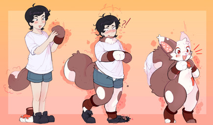 anthro black_hair blush bottomwear clothing footwear hair human_to_anthro human_to_inanimate male open_mouth plushie shirt shoes short_hair shorts shrinking simple_background size_transformation smile solo species_transformation standing tail topwear torn_clothing transformation pawberry human mammal rodent sciurid tree_squirrel 2023 digital_media_(artwork) hi_res sequence