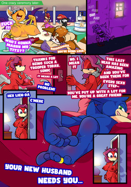 anthro barefoot blue_body breasts drunk feet female male nipples nude red_body soles substance_intoxication text toes tinydevilhorns archie_comics sega sonic_the_hedgehog_(archie) sonic_the_hedgehog_(comics) sonic_the_hedgehog_(series) lien-da sonic_the_hedgehog echidna eulipotyphlan hedgehog mammal monotreme absurd_res english_text hi_res