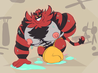 5_fingers abs anthro barazoku big_bulge big_muscles big_nipples bodily_fluids bulge chest_tuft clothed clothing exercise fingers fur green_eyes huge_bulge hyper hyper_bulge looking_at_viewer male muscular muscular_anthro muscular_male nipples pecs pink_nipples push-up red_body red_fur solo stripes sweat teeth tuft underwear underwear_only workout workout_equipment yellow_sclera spacebrute nintendo pokemon generation_7_pokemon incineroar pokemon_(species) 4:3 hi_res
