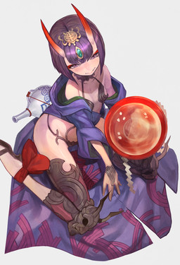2_horns 5_fingers alcohol asian_clothing beverage clothed clothing east_asian_clothing emerald_(gem) female fingers flask flat_chested footwear gem hair headgear headwear holding_object horn japanese_clothing loli looking_at_viewer looking_up looking_up_at_viewer makeup mascara mouth_closed petals purple_clothing purple_eyes purple_hair red_bowl red_horn red_mascara red_ribbon sake sandals shoes simple_background sitting skimpy smile solo white_background young lalalalack asian_mythology east_asian_mythology fate_(series) japanese_mythology mythology type-moon assassin_shuten-douji demon horned_humanoid humanoid oni yokai 2016 hi_res