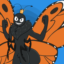 2_antennae 3_fingers 4_wings alternate_form antennae_(anatomy) anthro anthrofied bald black_antennae black_body blue_background crotch_tuft crown eyespots fingers grin headgear insect_wings lepidopteran_wings light male markings monotone_body multi_wing multicolored_wings nude orange_wings round_head ruff simple_background smile solo spread_wings teeth toothy_grin tuft wing_markings wings neuro_bab disney hoppers_(disney) pixar titus_(hoppers) arthropod butterfly insect lepidopteran monarch_butterfly 1:1 2026 absurd_res digital_media_(artwork) hi_res lighting