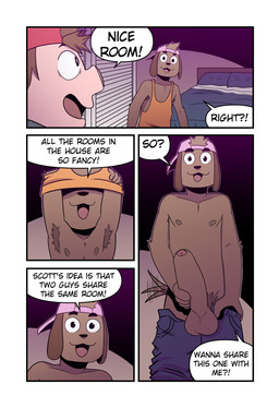 anthro armpit_hair backwards_baseball_cap backwards_hat balls baseball_cap bed bedroom big_penis body_hair bottomwear brown_balls brown_body brown_fur brown_penis clothing dialogue duo erection floppy_ears four_frame_image front_view fur furniture genitals hat headgear headwear holding_penis humanoid_genitalia humanoid_penis male male/male nipples orange_clothing orange_shirt orange_topwear pants penis pink_body pink_clothing pink_hat pink_headwear pubes red_clothing red_hat red_headwear removing_shirt shirt surprised tail tail_motion tailwag tank_top text topwear undressing t0l0k octavio_(t0l0k) roy_(t0l0k) canid canine canis domestic_dog domestic_pig mammal suid suine sus_(pig) comic english_text hi_res multiple_scenes