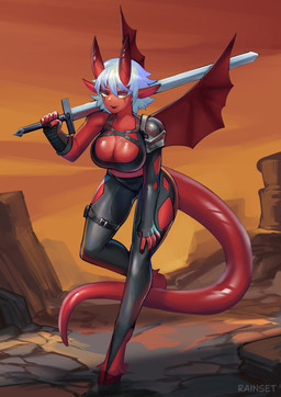 2_horns big_breasts black_bottomwear black_clothing black_pants bottomwear breasts clothed clothed_female clothed_humanoid clothing female fingerless_gloves gloves hair handwear holding_melee_weapon holding_object holding_sword holding_weapon hooves horn melee_weapon membrane_(anatomy) membranous_wings pants red_body solo sword tail weapon white_hair wings rainset demon demon_humanoid humanoid 2026 absurd_res hi_res
