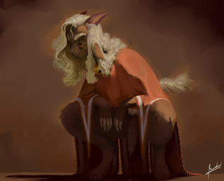 anthro black_body black_fur bodily_fluids crouching erection fur genital_fluids genitals hair horn long_hair long_penis penis precum red_eyes solo white_hair blulesnsfw cult_of_the_lamb massive_monster_(studio) fan_character bovid caprine mammal sheep absurd_res hi_res