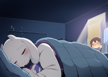 age_difference anthro bed biped blush bodily_fluids breasts clothed clothing detailed_background duo eyes_closed female fingers fur furniture horn mouth_closed on_bed sleeping solo_focus sound_effects sweat under_covers vowelless vowelless_sound_effect white_body white_fur young young_human zzz dagasi undertale undertale_(series) frisk_(undertale) toriel bovid caprine goat human mammal 2025 digital_media_(artwork) hi_res