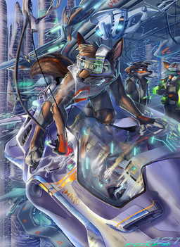 3_toes all_fours anthro armor black_nose brown_body brown_fur brown_hair building city city_background clothed clothing ears_up feet fur future futuristic futuristic_architecture gas_station gasoline gloves group hair handwear headgear helmet hud male orange_body orange_fur science_fiction skyscraper tail toes trio visor whiskers foxer421 canid canine fox mammal 2009