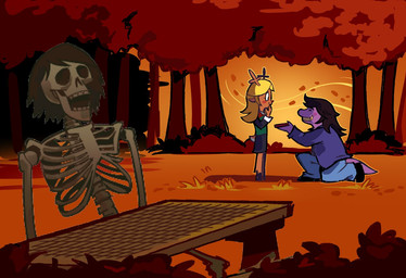 anthro bone cloudtenny female female/female group kneeling marriage_proposal skeleton trio deltarune undertale_(series) kris_dreemurr noelle_holiday susie_(deltarune) deer human mammal reptile scalie colored
