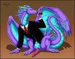 black_border black_tie_(suit) border bottomless cigar clothed clothing feral genitals jacket male penis smoke solo suit tail topwear silvergrin mythology dragon mythological_creature mythological_scalie reptile scalie hi_res