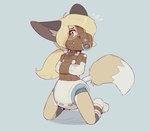 anthro baby_bodysuit black_ears blonde_hair blush clothing diaper female footwear fur hair kneeling orange_eyes restraints snapsuit socks solo straitjacket tan_body tan_fur young young_anthro young_female skidoo kasey_cedar canid canine fennec_fox fox hybrid mammal red_fox true_fox hi_res