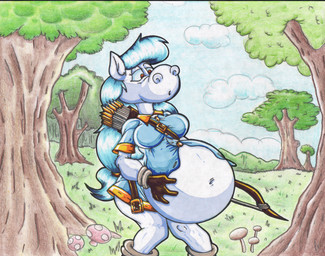 anthro arrow_(weapon) arwear belly belt big_belly blue_hair boots bow_(weapon) clothing cloud female footwear fungus fur gloves grass hair hand_on_belly handwear mushroom navel plant pregnant pregnant_anthro pregnant_female ranged_weapon red_eyes shirt shoes sky solo topwear tree tunic weapon white_body white_fur virus-20 princess_aura_(virus-20) equid equine horse mammal 2016 traditional_media_(artwork)