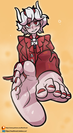 5_toes barefoot breasts clothing colored_nails feet female foot_focus horn humanoid_feet looking_at_viewer nails not_furry open_mouth plantigrade red_clothing red_eyes red_nails soles solo toes reathroch helltaker beelzebub_(helltaker) demon demon_humanoid horned_humanoid humanoid hi_res