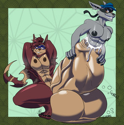 abs anthro athletic balls big_balls big_penis bloated bodily_fluids brown_body brown_fur churn churning_balls clothing cock_vore crouching cum cum_on_fur duo erection eye_contact flexing foreskin fur furry_tail genital_fluids genitals glans grey_body grey_fur gurgling_balls hand_on_penis hat headgear headwear huge_balls huge_penis humanoid_genitalia humanoid_penis hyper hyper_balls hyper_genitalia hyper_penis imminent_death imminent_digestion imminent_vore leaking_cum looking_at_another male male/male mask musk musky_armpit musky_penis nipples nude pecs penetration penile penis pose predator/prey pubes scrotum_flap simple_background slim smile stretched_urethra tail thick_thighs urethra urethral urethral_penetration vein veiny_penis vore willing_prey rxq sly_cooper_(series) sony_corporation sony_interactive_entertainment sucker_punch_productions rioichi_cooper sly_cooper mammal procyonid raccoon 2023 absurd_res hi_res signature incest_(lore)