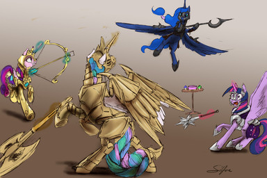 armor axe battle_axe bow_(weapon) double_bitted_axe feathered_wings feathers female feral fur gold_(metal) group hair horn mace magic magic_user melee_weapon multicolored_hair polearm purple_body purple_fur purple_hair ranged_weapon text two_tone_hair weapon wings silfoe friendship_is_magic hasbro my_little_pony mythology princess_cadance_(mlp) princess_celestia_(mlp) princess_luna_(mlp) twilight_sparkle_(mlp) equid equine mammal mythological_creature mythological_equine winged_unicorn 2015