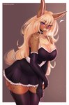 absolute_territory anthro big_breasts blush breasts clothing female gloves handwear holding_leg holding_thigh legwear looking_at_viewer maid_uniform solo stockings tail tail_motion tailwag thick_thighs uniform hierophant_green_(artist) canid canine lagomorph leporid mammal rabbit absurd_res hi_res