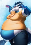 5_fingers anthro belt blush clothing extended_arms fingers male moobs navel obese overweight overweight_anthro overweight_male partially_covered_belly shirt simple_background solo tail topwear unbuttoned unbuttoned_pants yellow_clothing yellow_shirt yellow_topwear azsola mythology regil_(azsola) dragon mythological_creature mythological_scalie scalie digital_drawing_(artwork) digital_media_(artwork) hi_res signature