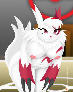 :3 anthro anthrofied areola bent_over big_breasts breasts female fur genitals hands_on_legs hands_on_thighs hanging_breasts legs_together looking_at_viewer looking_forward markings nipples nude patreon_logo pink_areola pokemorph red_markings slightly_chubby smile solo text thick_thighs vulva wide_hips battle_tiger nintendo patreon pokemon generation_3_pokemon pokemon_(species) zangoose 2016 hi_res portrait three-quarter_portrait url