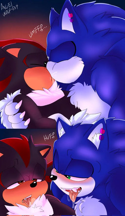 anthro bisexual_pride_colors blush bodily_fluids duo ear_piercing ear_ring eyes_closed holding_shoulder hug hugging_another kiss_on_lips kissing lgbt_pride male male/male onomatopoeia piercing pride_colors red_background ring_piercing saliva saliva_string simple_background sound_effects text angelwolf534 sega sonic_the_hedgehog_(series) sonic_unleashed shadow_the_hedgehog sonic_the_hedgehog sonic_the_werehog eulipotyphlan hedgehog mammal werecreature wereeulipotyphlan werehog comic
