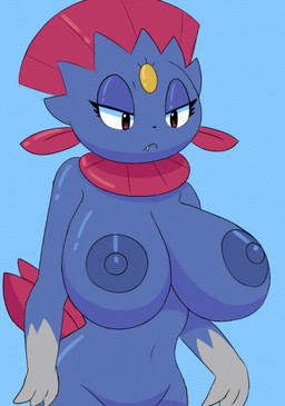 anthro areola big_breasts blue_areola blue_background blue_nipples bouncing_breasts breast_grab breast_jiggle breasts female forehead_gem frown gem half-closed_eyes hand_on_breast holding_breast huge_breasts jiggling legs_together narrowed_eyes navel nipples nude purple_body red_eyes serious sharp_teeth simple_background solo standing teeth three-quarter_view ikiki nintendo pokemon generation_4_pokemon pokemon_(species) weavile 2024 animated half-length_portrait portrait