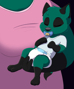 anthro black_markings clean_diaper clothed clothing diaper duo green_body male markings pacifier pink_clothing pink_shirt pink_topwear shirt sleeping solo_focus topwear wearing_diaper white_clothing white_shirt white_topwear young young_anthro baltnwolf connor_mccruz canid canine canis coyote mammal
