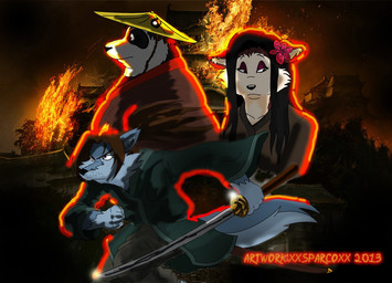 anthro black_hair brown_hair building clothing female fire fur grey_body grey_fur group hair katana male melee_weapon multicolored_body multicolored_fur overweight overweight_anthro overweight_male sword trio two_tone_body two_tone_fur weapon xxsparcoxx chowg_(xxsparcoxx) hiro_(xxsparcoxx) kira_(xxsparcoxx) bear canid canine canis domestic_dog giant_panda husky mammal nordic_sled_dog spitz wolf 2013 digital_media_(artwork)