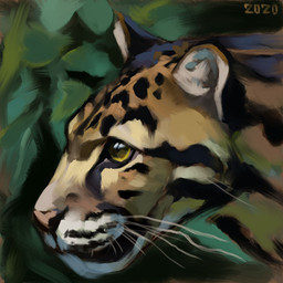 abstract_background black_spots black_stripes feral green_background pink_nose simple_background solo spots stripes whiskers yellow_eyes alexpahomov clouded_leopard felid mammal pantherine 1:1 2020 digital_media_(artwork) digital_painting_(artwork) hi_res painting_(artwork)
