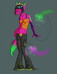 alternative_fashion anthro bell_bottoms biped bondage_pants bottomwear chelsea_hair_cut clothing cybergoth female glamfur glowstick glowsticking glowstringing goth pants pink_body pink_skin rave raver simple_background solo sparklefur standing tail silvercoils canid canine mammal