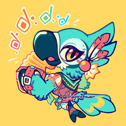 3_toes anthro bandoneon beak belt big_eyes biped black_beak blue_body blue_feathers chest_tuft chibi clothed clothing facial_markings feather_hands feathers feet fully_clothed head_markings head_tuft holding_musical_instrument holding_object jewelry kerchief looking_at_viewer looking_back looking_back_at_viewer male map markings multicolored_body multicolored_feathers musical_instrument musical_note musical_symbol open_mouth playing_music pose scarf simple_background smile solo symbol talons text toes topwear tuft vest white_body white_feathers yellow_background yellow_body yellow_eyes yellow_feathers crayonchewer breath_of_the_wild nintendo the_legend_of_zelda kass_(tloz) avian rito 1:1 2018 digital_media_(artwork) full-length_portrait hi_res portrait watermark