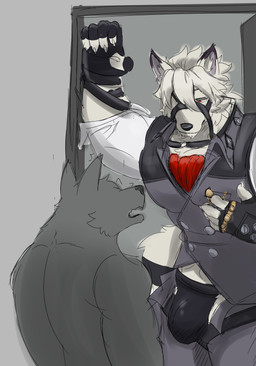 anthro black_clothing black_nose black_topwear black_vest bottomwear bulge clothed clothing doorway duo fingerless_gloves fur gloves hair handwear in_doorway male muscular muscular_male open_bottomwear open_clothing open_pants pants red_eyes topwear vest white_body white_fur white_hair overly_ketchup mihoyo zenless_zone_zero von_lycaon canid canine canis mammal thiren wolf absurd_res hi_res