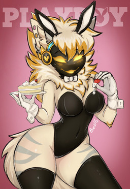 anthro blush bunny_costume clothed clothing costume fake_ears fake_rabbit_ears female food gloves handwear huge_hips machine magazine pastry pie playboy_bunny skimpy small_waist smile solo stripes thick_thighs wide_hips bellfa my_furry_protogen juno_(my_furry_protogen) protogen absurd_res cover hi_res magazine_cover