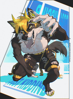anthro black_body black_bottomwear black_claws black_clothing black_fur black_nose black_shorts blonde_hair bottomwear cheek_tuft chest_tuft claws clothed clothing facial_tuft fangs finger_claws fingerpads front_view fur hair horn kneeling looking_at_viewer male male_anthro open_mouth pawpads pink_tongue shorts shorts_only solo streetwear techwear teeth tongue tongue_out topless tuft white_body white_fur yellow_eyes yellow_horn yellow_pawpads justkiddinb canid canine mammal hi_res
