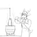 1:1 anthro antlers apron biped black_and_white clothed clothing cooking cooking_pot cutlery deer deer_prince fingers fire food fur hair headgear headwear hi_res hladilnik holding_object hook horn kitchen_utensils male mammal monochrome simple_background sketch solo spoon standing tasting tongue tools topwear white_background