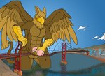5_fingers abs anthro balls beak biped bridge brown_body building building_destruction city cityscape claws crush destruction detailed_background erection extreme_size_difference feathered_wings feathers finger_claws fingers genitals house humanoid_genitalia humanoid_penis macro macro_anthro macro_male male muscular muscular_anthro muscular_male nude outside pecs penile penis penis_smack rampage river size_difference sky smile solo tail vehicle vehicle_destruction water wings mkvero mythology carpo avian gryphon mythological_avian mythological_creature