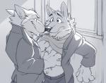 anthro bottomwear chest_tuft claws clothed clothing clothing_lift coat duo eye_contact fur hand_on_chest jacket looking_at_another male male/male pants shirt shirt_lift smile surprise teeth topwear tuft undressing white_body white_fur takemoto_arashi disney zootopia gary_(zootopia) larry_(zootopia) canid canine canis mammal wolf greyscale hi_res monochrome