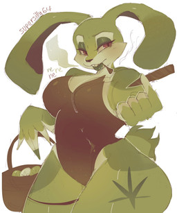 4_fingers anthro basket big_breasts breasts brown_body brown_fur clothing container drugs easter_egg eyebrows eyelashes female fingers fur half-closed_eyes holding_basket holding_container holding_object holidays leotard lips long_ears looking_at_viewer marijuana marijuana_blunt narrowed_eyes smoke smoking solo standing strapless_clothing strapless_leotard text thick_bottom_lip thick_thighs wide_hips supersilly64 easter ¿quieres? easter_bunny lagomorph leporid mammal rabbit 2026 artist_name hi_res meme