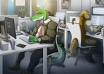 anthro business_suit clock clothing computer computer_keyboard computer_mouse container cup electronics green_body group male multicolored_body office pens plant suit tail two_tone_body watch white_body wristwatch yellow_body yellow_eyes redgreendied cregon ismar alligator alligatorid crocodile crocodilian crocodylid lizard reptile scalie absurd_res hi_res