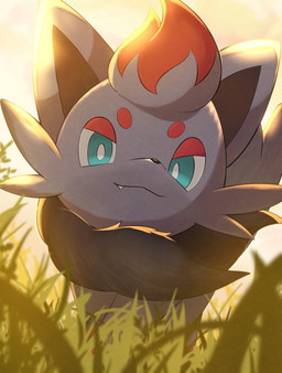 ambiguous_feral ambiguous_gender black_body black_fur black_inner_ear black_nose cheek_tuft day eyebrows facial_tuft fangs feral front_view fur grass green_eyes grey_body grey_ears grey_fur half-closed_eyes light looking_at_viewer low-angle_view mouth_closed multicolored_body multicolored_fur narrowed_eyes outside plant pointy_ears prick_ears pupils quadruped red_body red_eyebrows red_fur ruff snout solo standing sunlight teeth tuft white_pupils rumine nintendo pokemon canid canine generation_5_pokemon mammal pokemon_(species) zorua 2026 hi_res lighting shaded